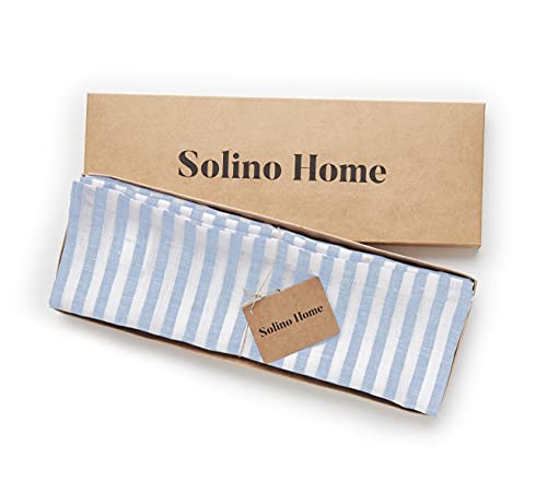 Image of Solino Home 100% Linen Placemats, 14 x 19 in, Blue, Amalfi Stripe, Set of 4 | protect and style the table setting, woven stripe, European flax fibres, gift ready packaging, soft, fine, OEKO-TEX Certified