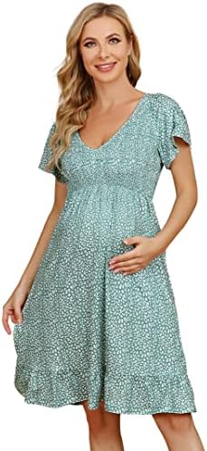 Coolmee Women's Ruffle Smocked Maternity Dress Floral Short Sleeve V Neck Knee Length Dress for Baby Shower Photoshoot Casual Green M
