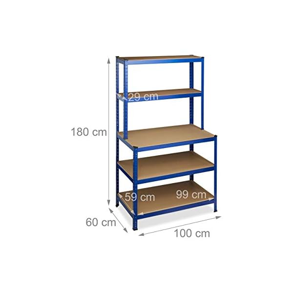 Relaxdays Schwerlastregal, mit Werkbank, Traglast 900 kg, 5 Ebenen, zum Stecken, Keller, 180x100x60 cm, Stahl, MDF, blau – Bild 5