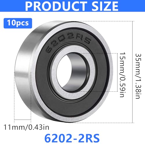 XSHAO® 10 Stk Kugellager 15x35x11mm, Rillenkugellager 6202 2RS Lager Doppelt Geschützte für DIY/Drehbänke/Motoren/ 3D-Drucker/Fräsmaschinen/Verschiedene Mechanische Geräte