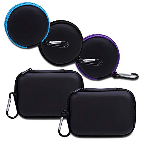 Cases for Earbuds,Aneuzs Earphone Carry Cases 5 Pack Headphone Storage Bag with Zipper and Carabiner for Smartphone Earphone USB Cable,SD Cards,Small Round Pocket & Square Little Travel Cases