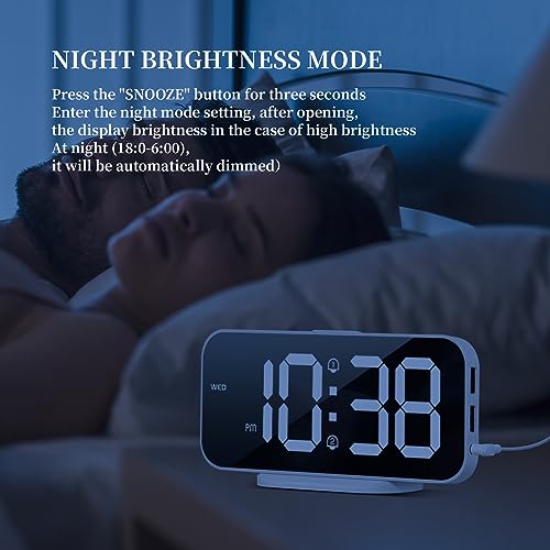 Smouping Digital Alarm Clock For Bedroom,6.7" Led Clock Mirror Surface With 2 Usb Charger Port,Adjustable Brightness,Dual Alarm,Snooze,12/24H,Large Display Clock For Room Decor(White) #TOP6
