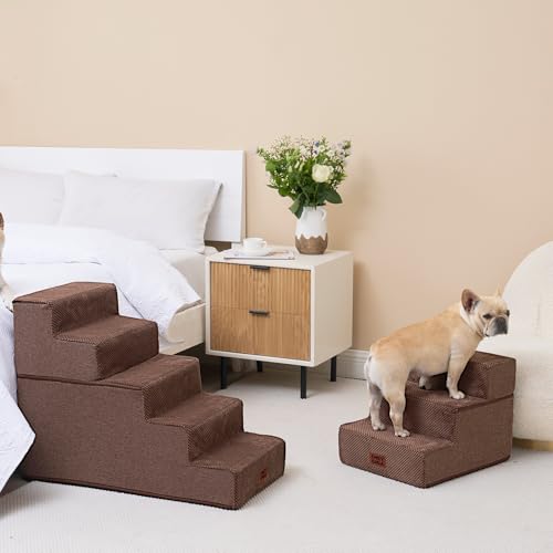 Image of EHEYCIGA Dog Stairs for Small Dogs 13.5 inch H, 3-Step Dog Steps for Couch Sofa and Chair, Pet Steps for Medium Cats, Non-Slip Balanced Pet Ramp Indoor, Brown