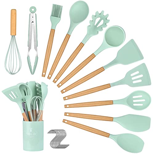 Kitchen Utensil Set - 22 Pcs Silicone Cooking Utensils Heat Resistant Nonstick Kitchen Tools with Hooks, Silicone Kitchen Gadgets with Wooden Handle, Turner Tongs Spatula Spoon Cooking Tools, Green