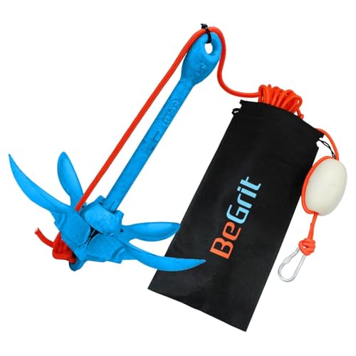 BeGrit 青カヤックアンカー セットボートアンカー1.5kg船用アンカー 折り畳み アンカー 6mm 10m アンカー牽引ロープ 小型ボート SUP 浅湖 釣り アンカーキット アルミDリング ブイボール 収納袋付きのサムネイル