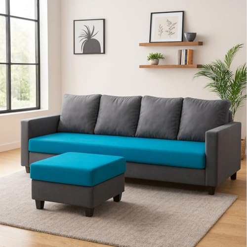 Image of FURNY Arnold 5 Seater L Shape Sofa Set with Movable Ottoman | Flexible Left or Right Layout | Plush Velvet Fabric (Dark Grey-Aqua Blue) | Perfect for Living Room, Guest Room & Office
