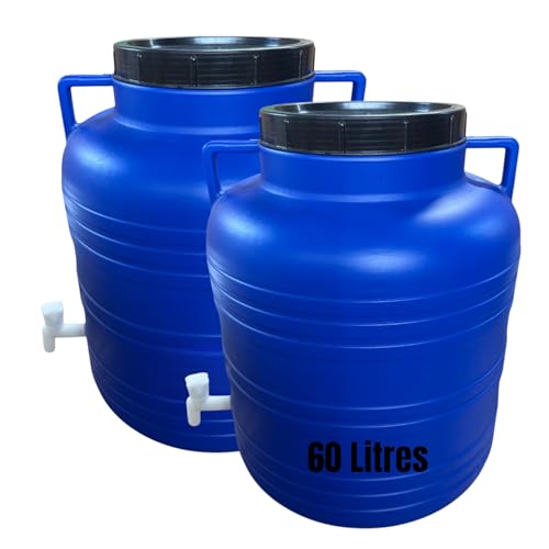 Jordan & Jordan — Lot de 2 x Fût Plastique Alimentaire 60L PEHD — Couvercle à Visser + Robinet de Sortie — Fermentation, Eau, Huiles — Certifié...