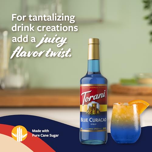 Image of Torani Blue Curacao Syrup, Non-Alcoholic Flavoring for Drinks, Glass Bottle with Pump Included, 25.4 Fl Oz