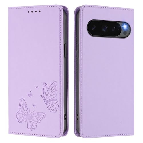Étui Google Pixel 8 cuir rabat magnétique violet clair motif papillon