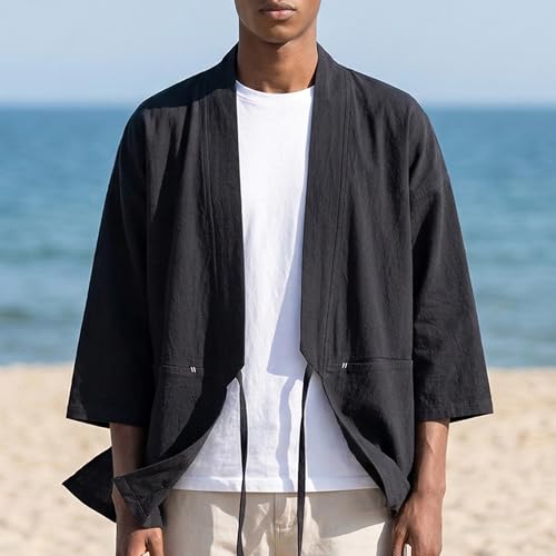 Haseil Men's Kimono Cardigan Japanese Jackets Casual Cotton Open Front Lightweight Linen Outwear, Black, Tagsize 2XL=USsize L