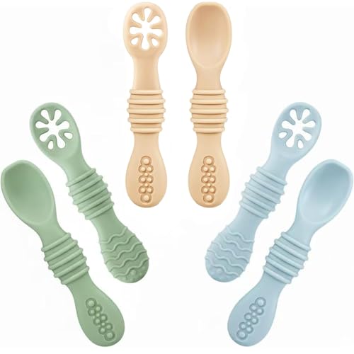 PandaEar 6 Pack Silicone Baby Spoons for Baby Led Weaning, First Stage Baby Toddler Self Feeding Utensils 6+ Months (Blue Green Beige)