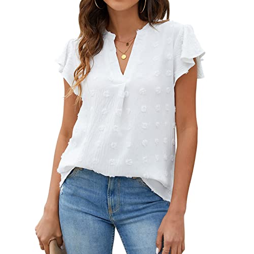 Camiseta Tops Camisa de Mujer Sexy con Cuello en V Top de Verano Blusas Elegantes de Color Sólido Mangas con Volantes, Sueltas, Transpirables(XXL-Blanco)