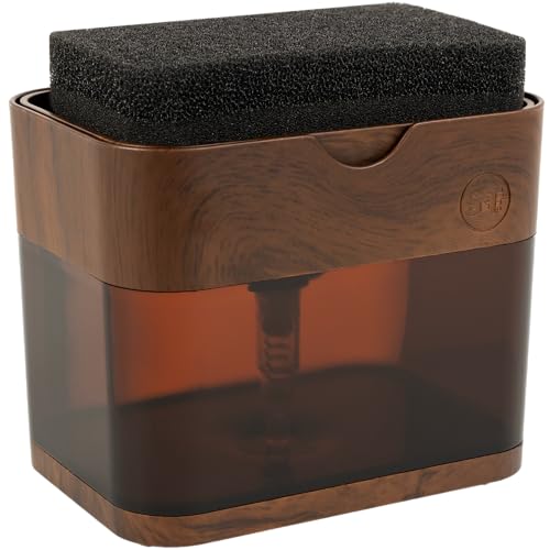 S&T INC. Dish Soap Dispenser and Sponge Holder Plastic Walnut and Amber