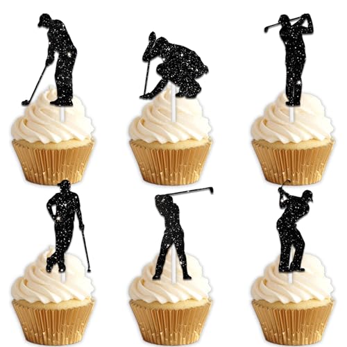 18Pcs Black Glitter Silhouette Golfer Dessert Cupcake Topper Cheer To Golf Athletics Outdoors Sport Theme Decor Supplies Men Women Happy Birthday Party Decorations