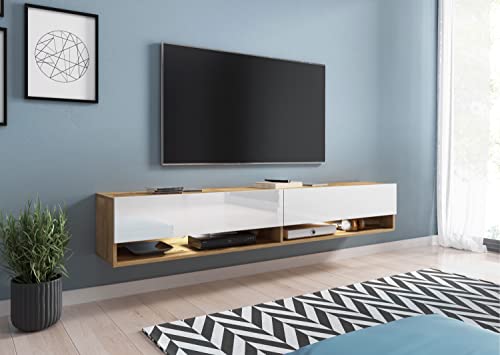 PIASKI Meuble TV Lowboard A 180 cm Meuble TV Flottant Blanc Wotan, éclairage LED en option (avec éclairage LED)