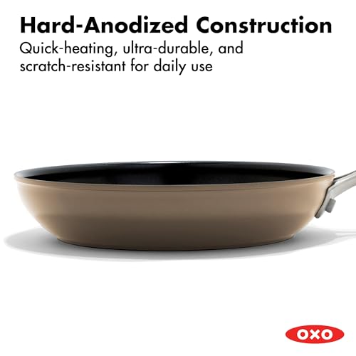 Image of OXO Enhanced 8 inch Nonstick Frying Pan Skillet, Ceramic PFAS-Free Cookware, Stainless Steel Handle, Eggs & Omelets, Dishwasher & Oven Safe, Biscuit Brown