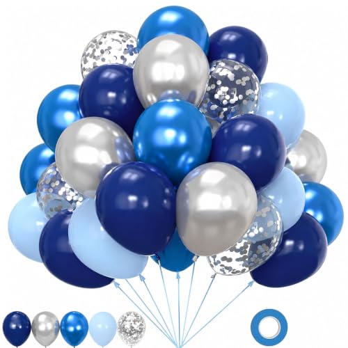 Image of 100PCS Blue Silver Balloons Set, Blue Balloons Metallic Blue Balloon Kit | 12 Inch Blue and Silver Balloons Dark Navy and Confetti Party Latex Balloon for Birthday Wedding Graduations Party Decoration