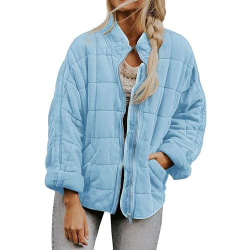 Free People Dup Es,Free People Inspired Clothes Dupe Quilted Jackets for Women Puffer Lightweight Zip Up Winter Coats Womens Packable Oversized Plus Size Jacket Light Blue