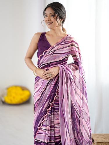 Image of Satrani Women's Georgette Printed & Mirror Work Saree with Unstitched Blouse Piece