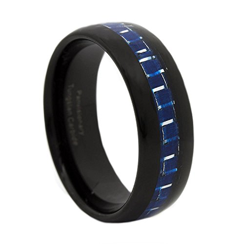 Panvisionary Men's Thin Blue Line Black & Blue Tungsten Carbide Ring 8mm Dome Blue Fiber Inlay 14
