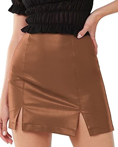 Image of MANGOPOP Women's Basic High Waist Faux Leather Bodycon Mini Pencil Skirt (A013 Brown, Medium)