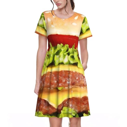 KAOEOSI Cheese Hamburger Women's Short Sleeve Dress, Knee Length Round Neck Dresses A-Line Sundress Large
