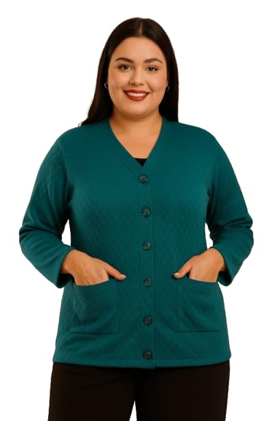 Image of Women's Woollen V-Neck Plus Size Winter Cardigan Sweater with Front Pockets