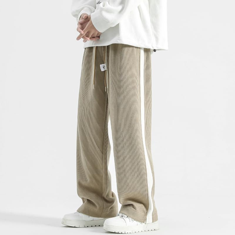 POHADON Mens Baggy Corduroy Pants Straight Wide Leg Sweatpants Side Striped Drawstring Elastic Waist Pants Y2k Streetwear2