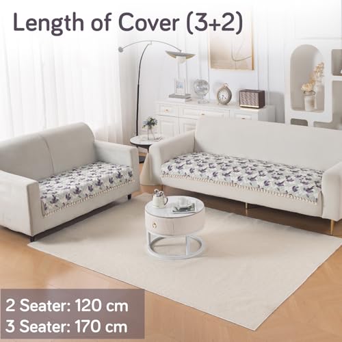 Image of HOKIPO Lavender Vine Quilted Sofa Cover 5 Seater Set with Tassels - Washable 3+2 Sofa Cover Mat |'Tassel Twigs' Series (IN-985-T1 + IN-983-T1)