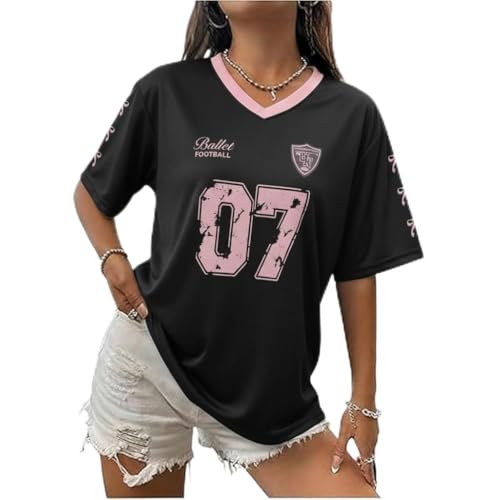 Zidoley Jersey Tops for Women y2k Fashion Ladies Oversized t Shirts V Neck Sports American Football/Baseball Jersey Number Summer Varsity Top (UK Alpha S Regular Regular)