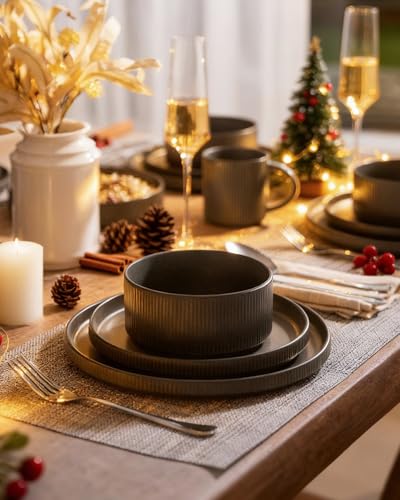 Image of Famiware Star Dinnerware Set with Mugs, Service for 4 (16pcs), Ribbed Stoneware Plates and Bowls Dishes Sets - Chip & Scratch Resistant, Microwave & Dishwasher Safe, Matte Dark Charcoal