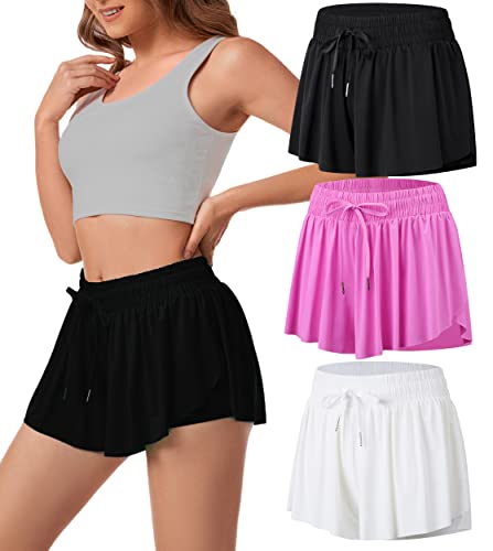 Zesoyne 3 Pack Womens 2 in 1 Flowy Running Athletic Shorts with Pocket Butterfly Workout Biker Gym Yoga Tennis Skirts