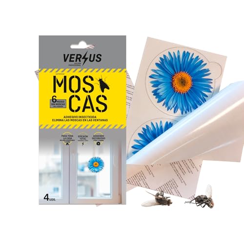 VERSUS Adhesivo-Flor Insecticida Moscas – 4 Uds – 1 Flor Elimina Moscas Durante 6 Meses – Pegatina para Ventanas - No es una Trampa - Los Insectos Mueren Alejados y No Se Quedan Pegados - Sin Olor