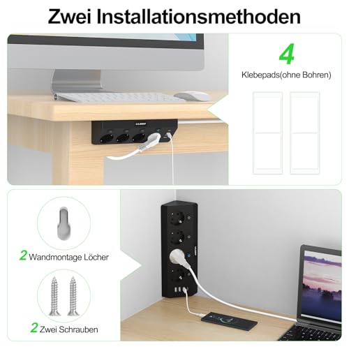 Steckdosenleiste mit 2 USB C und 2 USB A, 4 Fach Ecksteckdose Einzeln Schaltbar Mehrfachsteckdose Überspannungsschutz 3680W Mehrfachstecker Wandmontage, Steckerleiste 2M Kabel Schwarz für Küche Büro 5