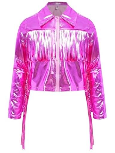 Miaeowve Chaqueta brillante para niños y niñas, abrigo metálico, manga larga, con flecos, borlas, chaqueta de aviador, cremallera frontal, Rosa brillante, 110-116 | Ya disponible en tu tienda friki favorita! En mundofriki.es!