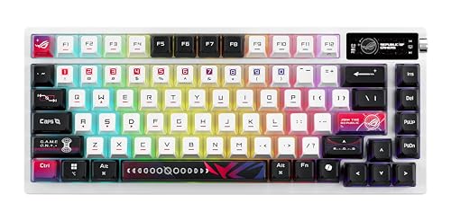 Image of ROG Azoth X 75% custom gaming keyboard, hot-swappable Storm V2 Switches, gasket mount, dampening foam, FR4 plate, south-facing PCB, tri-mode connection, OLED display, control knob, wrist rest, Mac