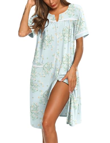 Image of Ekouaer Nightgowns for Women House Dress with Pockets Button Down Sleepshirt Short Sleeve Nightshirt Housecoat