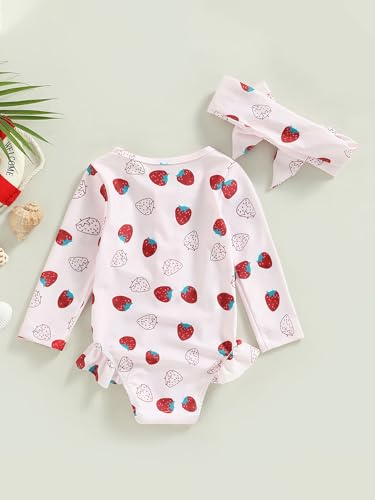 Toddler Girl Strawberry Print Swimwear Jumpsuit Long Sleeve Zipper One-Piece Bathing Suit with Headband3