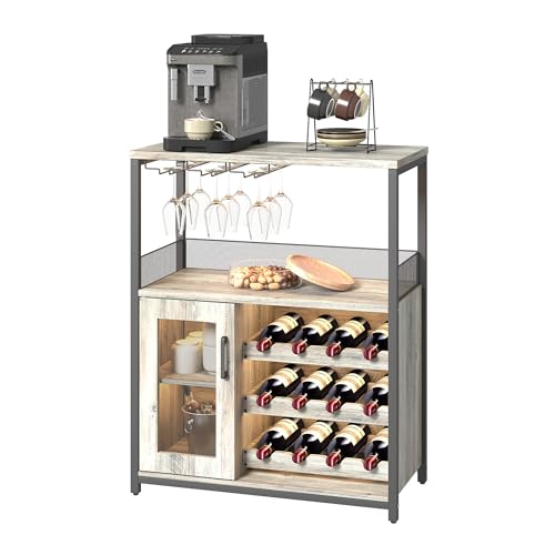Image of Vintage Industrial Wine Bar Cabinet with Adjustable Wine Racks and Glass Holders, Mesh Door Sideboard Storage Cabinet for Living Room, Kitchen, Dining Room, Compact Design, Easy Assembly,Gray