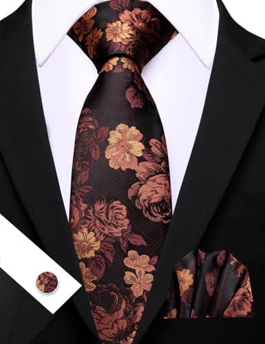 Image of Barry.Wang Flower Ties for Men Silk Woven Floral Tie Sets Necktie Handkerchief Cufflinks Wedding Party