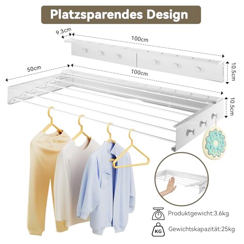 Wäschetrockner Wand, Wäscheständer Wandmontage, 100cm Wäscheständer zum Ausziehen Wand für Badezimmer, Balkon, Terasse, platzsparend Wandwäschetrockner ideal für Indoor & Outdoor (Weiß - 100cm)