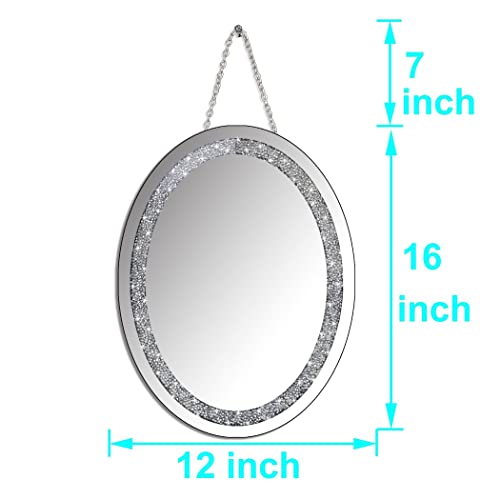 Dmdfirst Crystal Crushed Diamond Oval Shaped Glam Bling Silver Mirror With Silver Chain For Wall Decoration 12X16X0.5 Inch Wall Hang Frameless Sparkly Mirror Glass Stunning Home Diamond Decor #TOP6