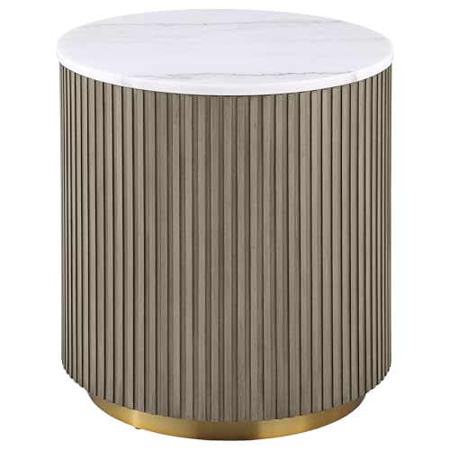 Coaster Home Furnishings - Jason - Round Marble Top Side End Table with Gold Metal Base and Ribbed Design - Living Room - 22-Inch - White and Greige - 711417
