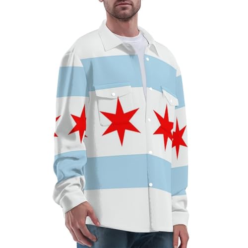 Chicago Flag Double Flap Pocket Patchwork Jacket,Casual Outdoor Work Wear for Men
