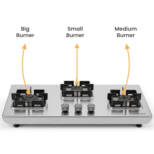 Image of Sunshine Osaka 3 Burner SS Gas Stove | Manual Ignition | ISI Certified | 2mm Heavy-Duty Body | Forged Brass Burners | Ultra Slim Design | 10-Year Burner Warranty | Trusted Since 1978