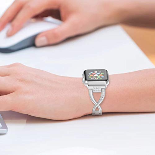 Image of Wearlizer Bling Compatible with Apple Watch Bands 42 /44 /45 /46 /49mm 2-color Tone Womens Strap X-Link Rhinestone Metal Wristband for iWatch Series 11 10 9 8 7 6 5 4 3 SE /Ultra 3 2 1 Silver