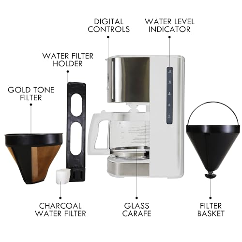 Image of Kenmore Drip Coffee Maker - 12 Cup Programmable Cafe Machine With Glass Pot, Regular & Bold Brew, Auto Shut Off Large Water Reservoir, Reusable Filter, Kitchen Appliances For Cafeteria Barista, White