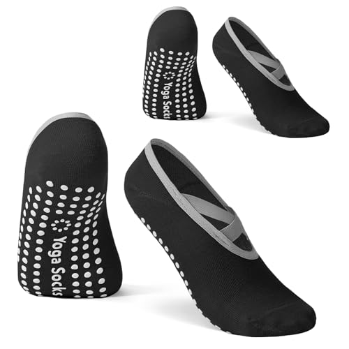 Vancle 2 Paires de Chaussettes Yoga Femme 36-40, Anti-Dérapantes Chaussette à Bretelles Croisées, pour Pilates, Ballet, Fitness à Domicile, Danse, Socquettes Antidérapantes