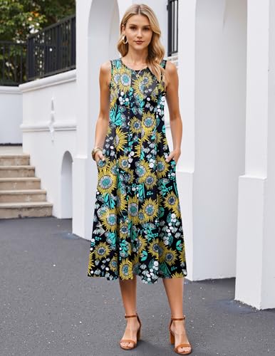 Image of HOTOUCH Summer Casual Dresses for Women Sleeveless Midi Dress Swing Tank Sundress Pleated Tshirt Dress with Pockets