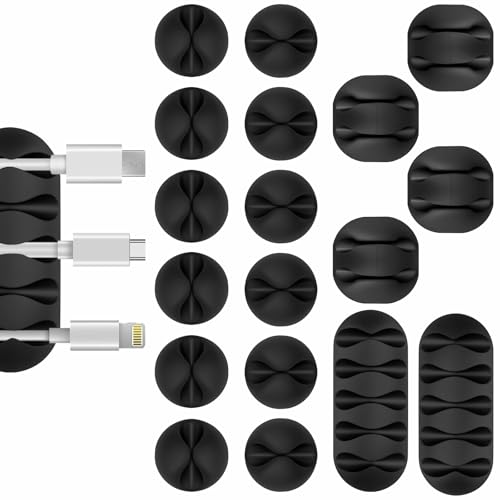 Flezoo Cable Clips Cord Holder - 18 PCS Black Adhesive Phone Cord Organizer Charger Holder Cable Wire Management Clips Keeper for Nightstand Desk Office or Mouse